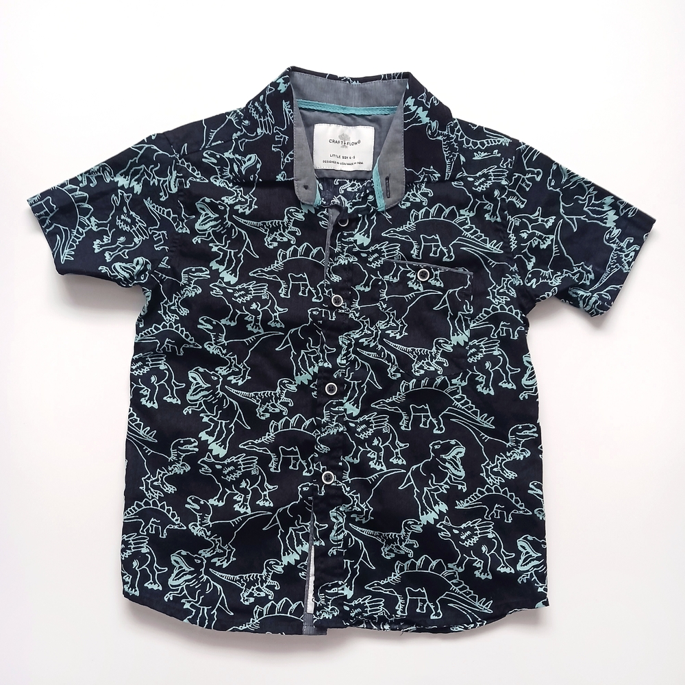 Craft & Flow Dinosaur Print Button Up Short Sleeve Cotton Shirt Boys 4 - 5 Teal